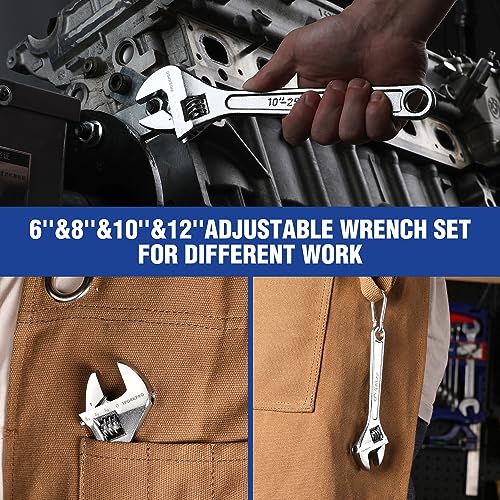 WORKPRO 4-Piece Adjustable Wrench Set, 6"-12", Carbon Steel, Chrome Plated - color: Silver, size: 6-inch, 8-inch, 10-inch, 12-inch