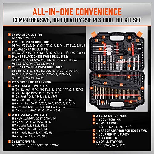 Ultimate Drill Bit Set - 246 PCS Comprehensive Premium Quality Drill Bits Kit for Wood Metal Cement Drilling & Screw Driving, Full Combo Kit Assorted in Organized Carrying Case, Reinforced Packaging