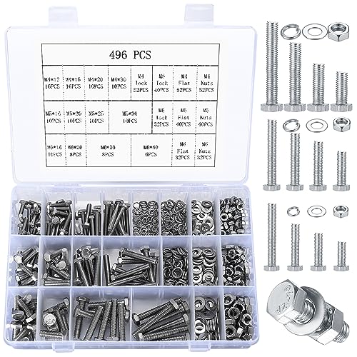Hex Bolts and Nuts and Washers Assortment Kit, 496 Pcs Metric Hex Head Nuts and Bolts Kit, Stainless Steel Machine Screws Bolts Nuts Flat & Spring Lock Washers Set - M4 M5 M6