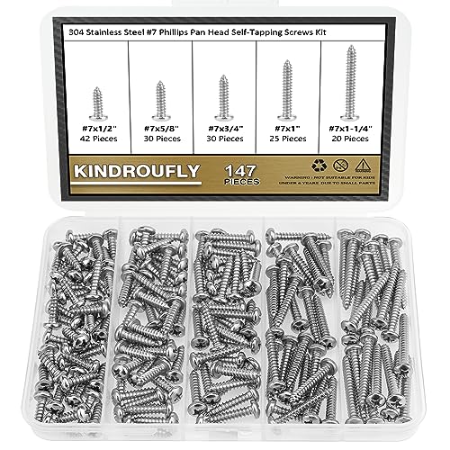 147 Pieces #7 x 1/2" 5/8" 3/4" 1" 1-1/4" Phillips Pan Head Self-Tapping Screws, Wood Screws Assortment Kit, 304 Stainless Steel - size: #7