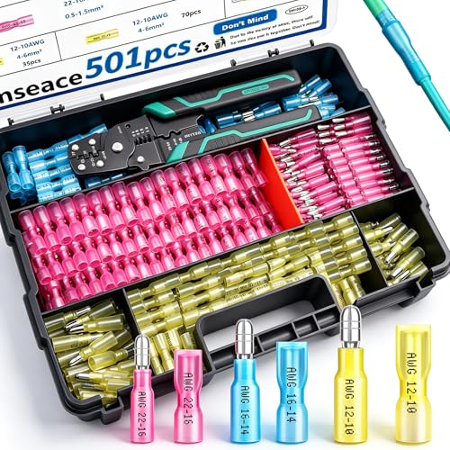 smseace 501PCS Heat Shrink Bullet Connectors with Crimping Tool 22-10AWG Waterproof Bullet connectors Heat Shrink Female&Male Connector for Automotive Boat Stereo Industrial Equipment - size: 501Pcs