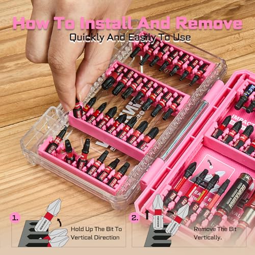 Geinxurn 48Pieces Impact Screwdriver Bits Set, Magnetic S2 Steel Phillips/Slotted/Square/Torx Insert Power Bits Tips, Impact Bit Holder with Pink Storage Box Case - style: STKB048-PK