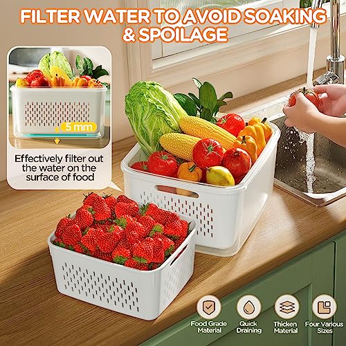 6 PCS Fruit Storage Containers for Fridge with Removable Colanders, 6 Plastic Food Storage Containers with 6 Lids, Leakproof Produce Containers Keep Fruits, Vegetables, Berry, Meat Fresh Longer - color: 6-Pack White