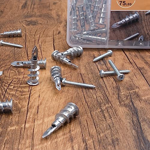 KURUI #8 Zinc Self-Drilling Drywall Anchors, 60PCs Hollow Metal Wall Anchors and Screws Kit, 30 Heavy Duty Anchors + 30#8 x 1-1/4'' Screws, 75LB Hanging and Mounting