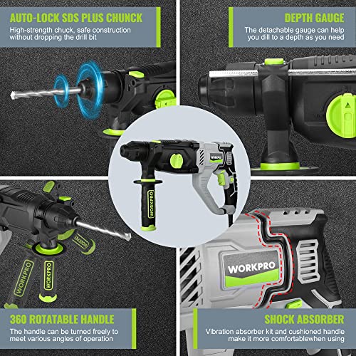 WORKPRO 1-1/4 Inch SDS-Plus Rotary Hammer Drill, 7.5AMP, Lightweight Corded Version for Concrete Demolition Chipping Rotomartillo, 5 SDS-Plus Bits - style: 7.5AMP