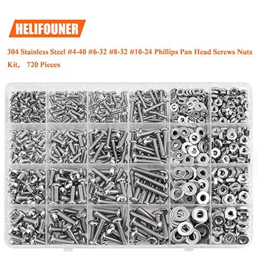 HELIFOUNER 720 Pieces #4-40#6-32#8-32#10-24 Phillips Pan Head Machine Screws Nuts Washers Assortment Kit, Coarse Thread, Fully Machine Threaded, 304 Stainless Steel - size: #4-40 #6-32 #8-32 #10-24, style: Phillips Pan Head