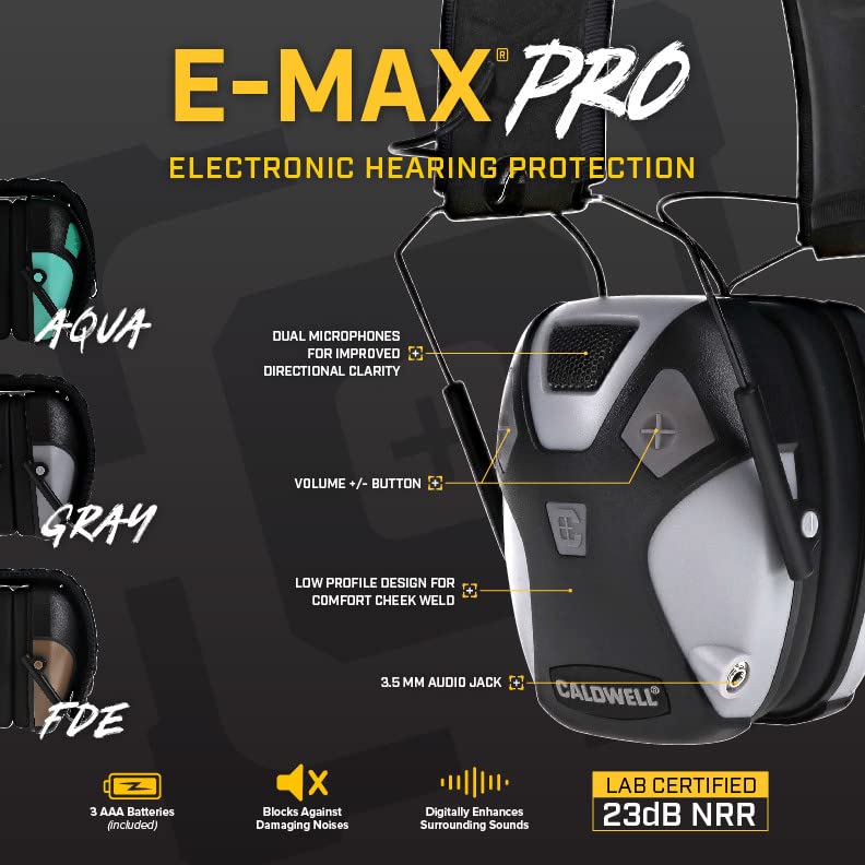 Caldwell E-Max Pro Electronic Hearing Protection Earmuffs Sound Amplification, Low Profile, for Range Shooting, Hunting - style: Pro-fde