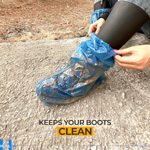 Large Thicker Boot And Shoe Covers Disposable Non-Slip 50 Pack (25 Pairs) Waterproof Durable Reusable Rain, Outdoor Indoors Overshoes, Fit Up To Men's 14, Blue, 20 Tall, Horlon