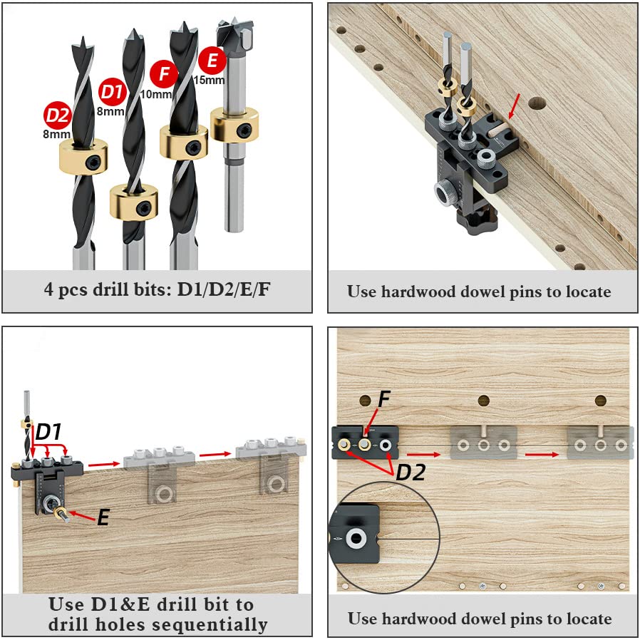 3-in-1 Dowel Jig Kit - Pocket Hole Jig with Adjustable Woodworking Drill Locator, 8/10/15mm Bits, Precision Guide for Furniture Assembly, DIY Projects, Durable Aluminum Alloy