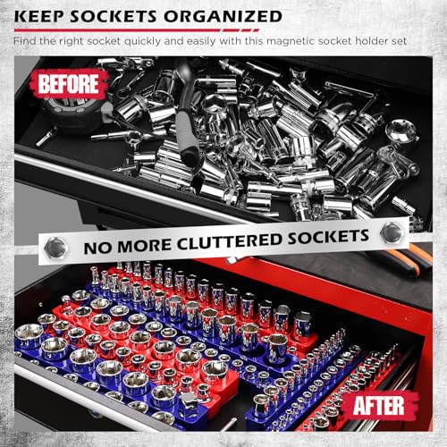 SEDY 12-Piece 1/4" 3/8" 1/2"-Drive SAE & Metric Magnetic Socket Organizer Set (Holds 143 Sockets) -Detachable Tool Tray with 5mm Magnetic Base for Garage/Home(Sockets Not Included) - style: 12-Piece Modular Trays (Holds 143)
