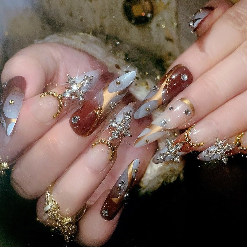 3D Press on Nails Almond - Long Tip Fake Nails with Embossed Cross&White Bead Designs, Glossy Finish Reusable False Nails for Women Manicure(3D Embossed design 25） - color: 3D Embossed design 25