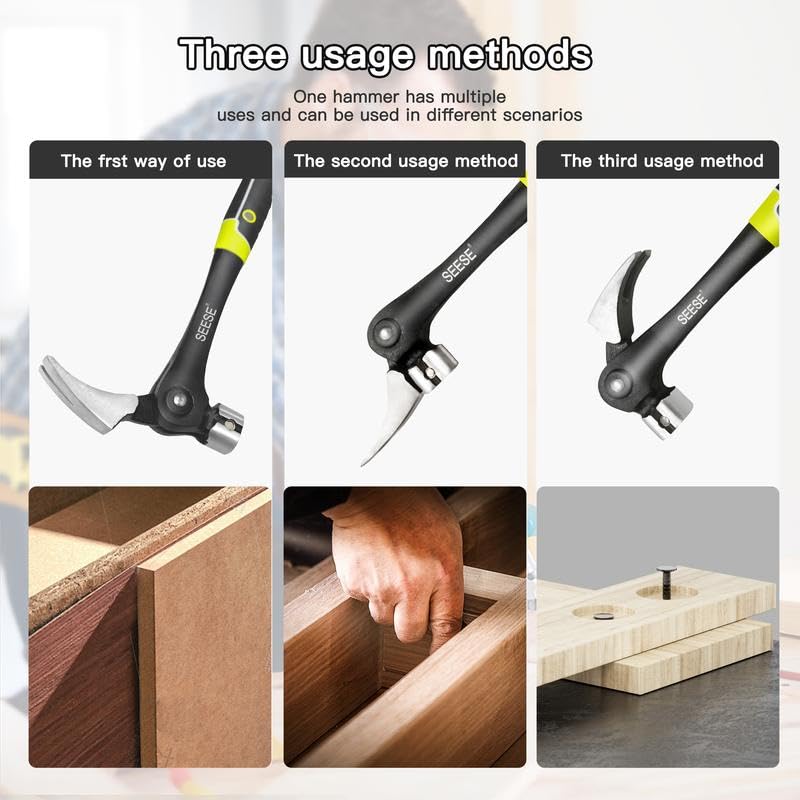 SEESE Adjustable Nail Puller Hammer: Magnetic Nail Starter, Anti-Slip Shock-Absorbing Handle - Claw Hammer for DIYers in Workshop, Construction & Remodeling