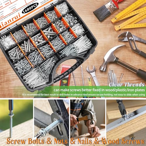 Dianrui 1680 PCS Nails and Screws Assortment Kit & Screw Bolts and Nuts, M3/M4/M5/M6 Machine Screws, Small Nails for Picture Hanging, #6#8 Drywall Screw Set for DIY Repair Project Length 1/2" to 2" - color: Silver, size: 1680PCS