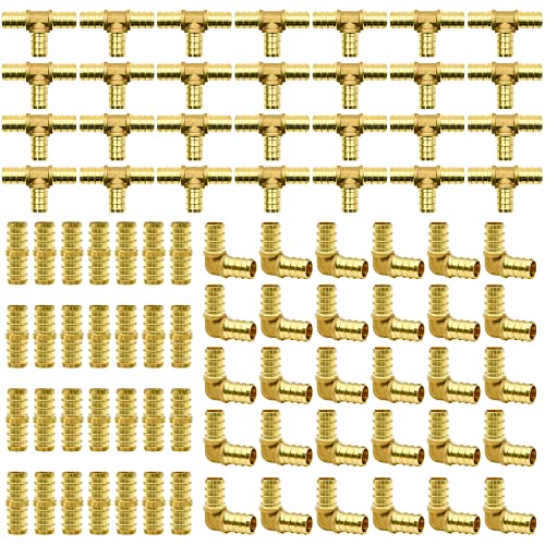 90pcs 1/2" PEX Fittings, Elbow TEE Straight Couplings Set, PEX Brass Crimp Fitting Combo with Tees, Elbows, Straights | for PEX Pipe - size: 1/2"-90pcs