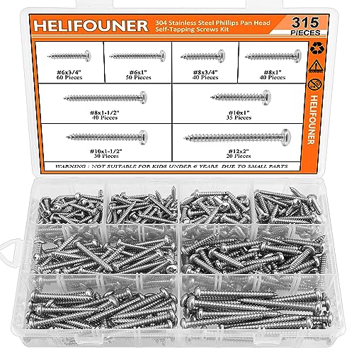 315 Pieces #6#8#10#12 Wood Screws Set, HELIFOUNER 8 Sizes Phillips Pan Head Self-Tapping Screws Assortment Kit, Phillips Pan Head Wood Screws, 304 Stainless Steel - size: #6#8#10#12