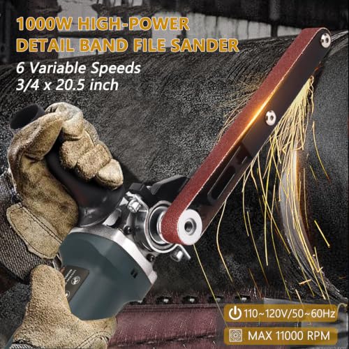 1000W High Power Detail Bandfile Belt Sander with 6 Variable Speed, 3/4"x20.5" Finger Belt Sander for Grinding and Polishing Wood, Paint, Metal Rust Move,welding Spot and DIY.
