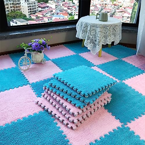 12pcs Tiled Puzzle Play Mats Interlocking Shaggy Soft EVA Foam Mats Protective Floor for Children Kids Room Home Parlor Bedroom Blue Anti-Fatigue - color: Blue