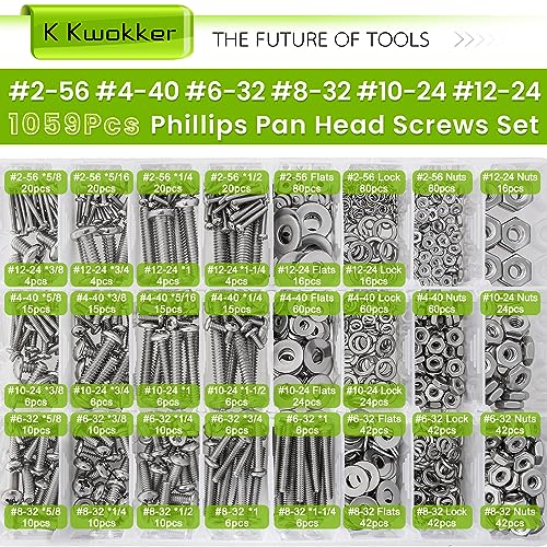 1059Pcs Nuts and Bolts Assortment Kit Phillips Pan Head #2-56#4-40#6-32#8-32#10-24#12-24 Machine Screws, K Kwokker 26 Sizes 304 Stainless Steel Screws Nut and Bolt Assortment with Screw Organizer - size: A. #2-56 - #12-24