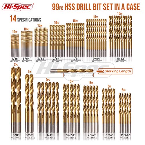 Hi-Spec SAE HSS Drill Bit Set for Metal, Wood and Drywall, 1/16-3/8 in - size: 99pc
