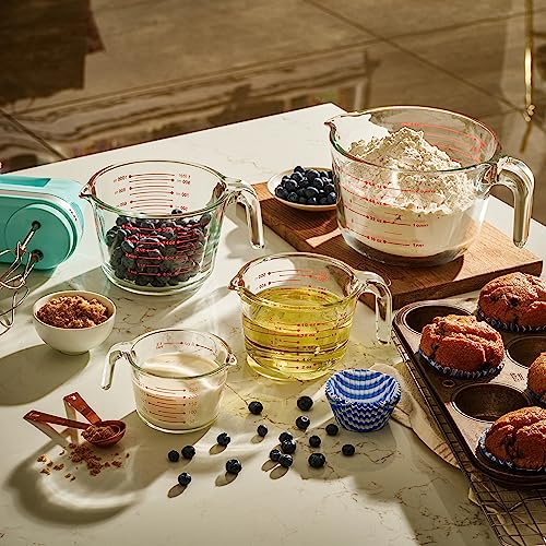 Le’raze Glass Measuring Cups Set of 4 – Heat-Resistant, Easy-Read Measurements, Ergonomic Handle & Pour Spout, Dishwasher Safe, Kitchen Bakeware Liquid Batter Mixing Bowls (1 cup, 2 cup, 4 cup, 8 Cup)