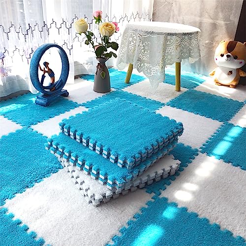 12pcs Tiled Puzzle Play Mats Interlocking Shaggy Soft EVA Foam Mats Protective Floor for Children Kids Room Home Parlor Bedroom Blue Anti-Fatigue - color: Blue