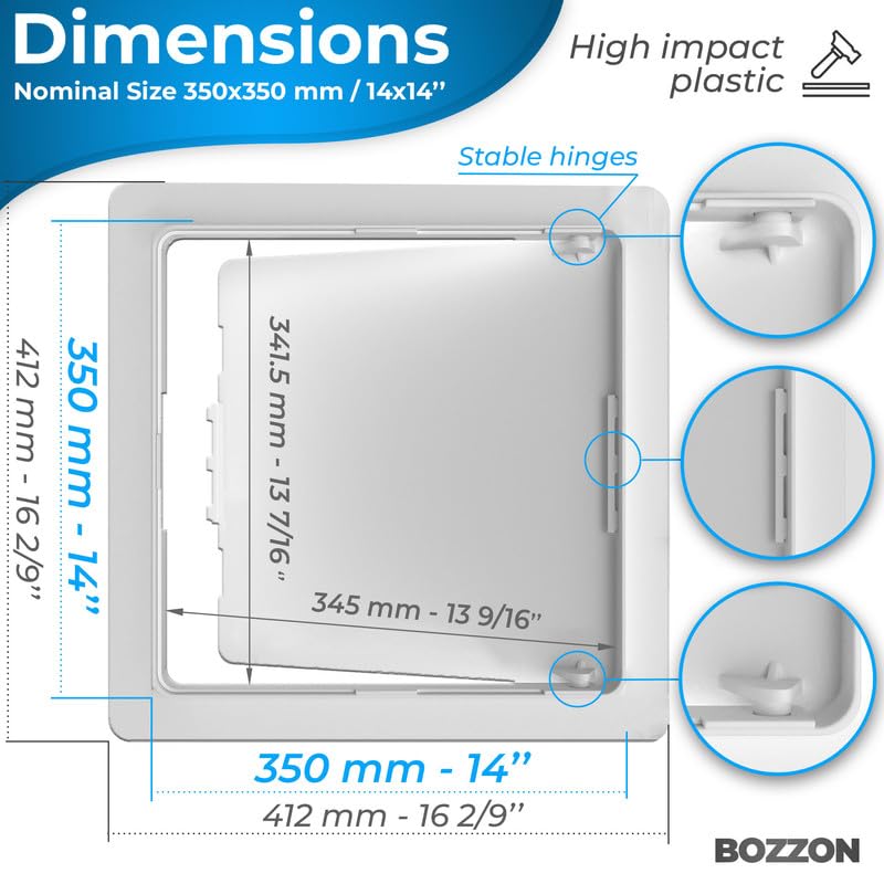 BOZZON Access Panel for Drywall - 14 x 14 in - Wall Hole Cover - Access Door - Plumbing Access Panel for Drywall - Heavy Durable Plastic White - size: 14 x 14