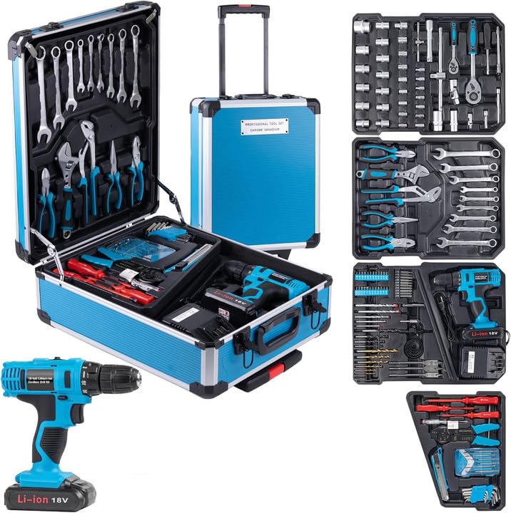 346 Pcs Tool Sets,18V Electric Power Drill Set, Cordless Drill for Men, Household Home DIY Hand Tool Kits,18+1 Clutch Cordless Power Drill Set for Thanksgiving, Christmas,Father's Day (Blue) - color: Blue