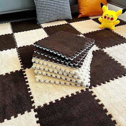12pcs Tiled Puzzle Play Mats Interlocking Shaggy Soft EVA Foam Mats Protective Floor for Children Kids Room Home Parlor Bedroom(Brown) - color: Brown