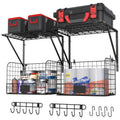 ThreeHio 2 Pack Garage Shelves Wall Mounted with Wire Baskets, Heavy Duty Garage Wall Shelving with Hooks, Wire Shelf Baskets Tool Organizer for Home Garden Garage Organization and Storage