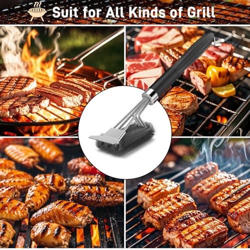 Grill Brush and Scraper-18 Adjustable Handle Safe BBQ Grill Brush for Outdoor Grill-Deep BBQ Clearning Brush wih Bottle Operner Extra Strong Grill Cleaner Accessories for Gas/Charcoal Grilling Grates