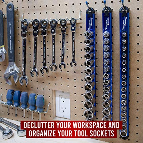 Precision Defined Aluminum Tool Socket Holder 3-Piece Set | Blue, 1/4-Inch x 16 Clips, 3/8-Inch x 16 Clips, 1/2-Inch x 14 Clips | 360 Rotation - Heavy Duty Socket Rails Organizer, Socket Storage - color: Blue