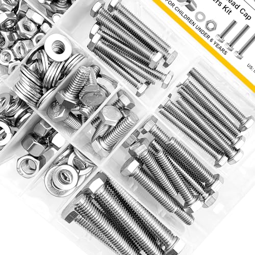 Mywish 254Pcs Nuts and Bolts, 1/4 20 5/16 18 3/8 16 Bolt, Heavy Duty 304 Stainless Steel Bolts and Nuts Kit with Flat Spring Washers, Includes 10 Common Sizes, Fully Threaded - size: 254 Pcs Mixed Size Kit - Silver