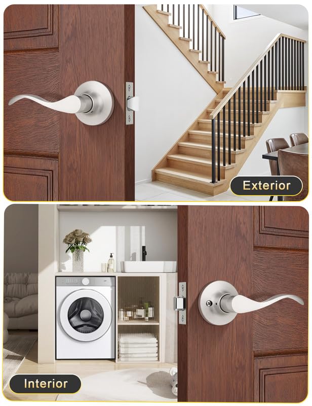 Mengico 10 Pack Satin Nickel Modern Interior Passage Door Knobs, Keyless Door Handle for Hallway & Closet, Wave Style Non-Locking Door Lever Reversible for Left & Right Handed - size: Passage Function - Keyless