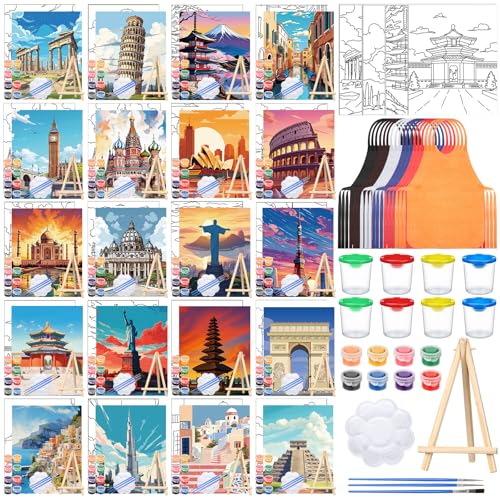 Sherr 140 Pcs 20 Set Pre Drawn Canvas Painting Kit, Landmarks - style: Landmarks