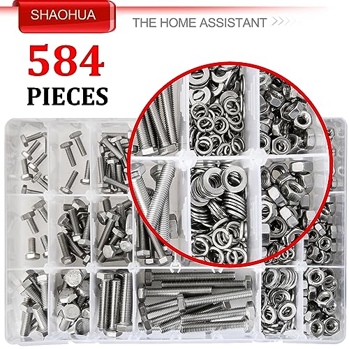 M4 M5 M6 Metric Bolt Assortment Kit 10mm to 50mm, A2-70 Hex Bolt, 304 Stainless Steel Heavy Duty Flat Hex Head Screws Bolts and Nuts Kit, Nuts Flat and Lock Washers(Silver), 584PCS - color: Silver - 584PCS M4 M5 M6