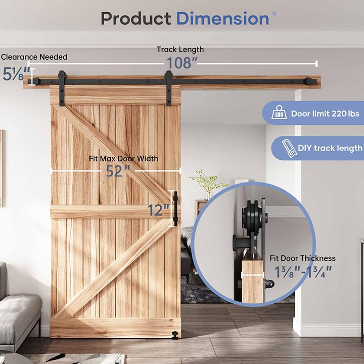 EaseLife 9 FT Sliding Barn Door Track and Handle Hardware Kit,Heavy Duty,Straight Pulley,Slide Smoothly Quietly,Easy Install (9FT Track Kit for 52"~54" Wide Single Door) - size: 9FT-Single Door Kit