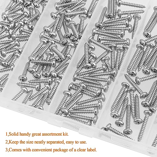 #4 x 3/8" 1/2" 5/8" 3/4" 1" Wood Screws Set, HELIFOUNER 210 Pieces Phillips Pan Head Self-Tapping Screws Assortment Kit, Phillips Pan Head Wood Screws, 304 Stainless Steel - size: #4