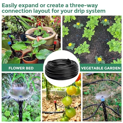 Maotong 100FT 1/4 inch Drip Irrigation Tubing Distribution Hose Tube for Garden Irrigation System (Includes 1 pack 6-Way Connector and 20pcs 1/4" Tee Splitters and End Plugs) - size: ‎100FT 1/4" Tubing