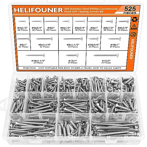 525 Pieces #4#6#8#10#12 Wood Screws Set, HELIFOUNER 16 Sizes Phillips Countersunk Head Self-Tapping Screws Assortment Kit, Phillips Flat Head Wood Screws, 304 Stainless Steel - size: #4#6#8#10#12