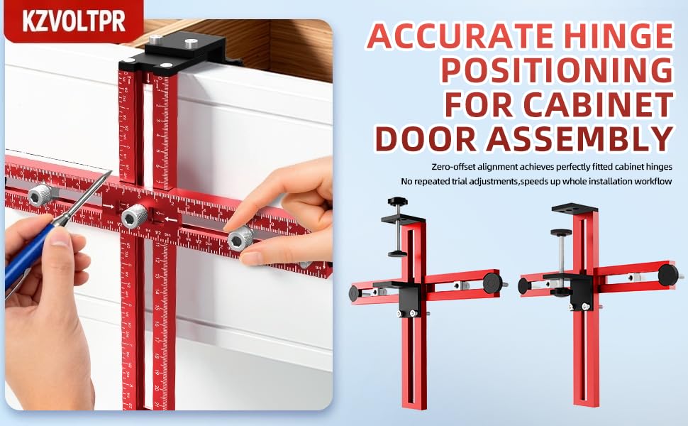 Foldable 2-in-1 Cabinet Hardware Jig with Carpenter Pencil, Adjustable Drawer Pull & Door Hinge Installation Template, CNC Aluminum Drill Guide for Woodworking
