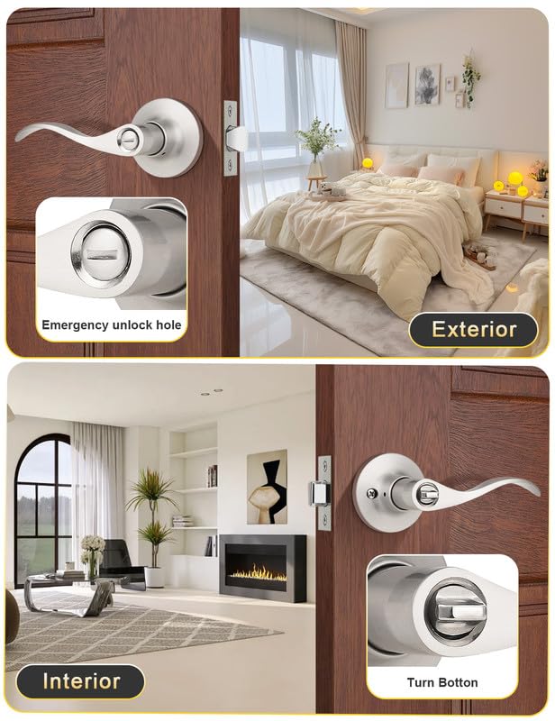 Mengico 10 Pack Satin Nickel Privacy Door Lever, Modern Interior Door Knobs Locks for Bedroom and Bathroom, Heavy Duty Door Handle, Reversible Wave Lever Handle - size: Privacy Function - Keyless