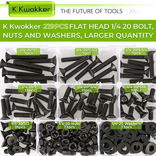 1/4 20 Bolt and Nuts, with Washers for Screws, Hex Socket Flat Head 7 Sizes are 2", 1-1/2", 1-1/4", 1", 3/4", 5/8", 1/2", 10.9 Grade Alloy Steel, Black, Full Machine UNC Thread - size: B. 1/4-20