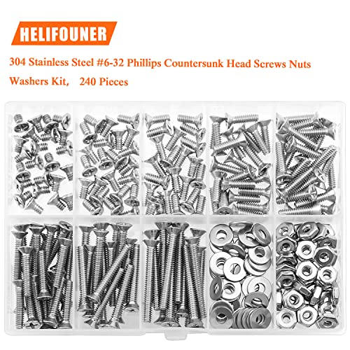 HELIFOUNER 240 Pieces #6-32 Phillips Countersunk Head Machine Screws Nuts Washers Assortment Kit, Coarse Thread, Fully Machine Threaded, 304 Stainless Steel - size: #6-32