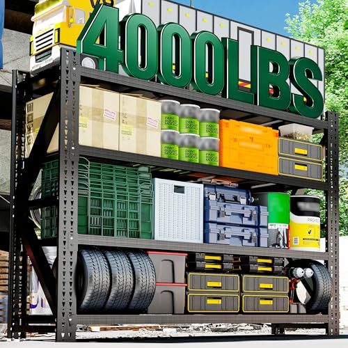 4-Tier Heavy Duty Garage Shelving,Industrial Shelving for Home & Business,Garage Storage Racks Heavy Duty Steel Shelves,Ultra-Wide Metal Rack for Garage Walls,Workshop,Office,Basement - color: Black, size: 24"D*71"W*69"H