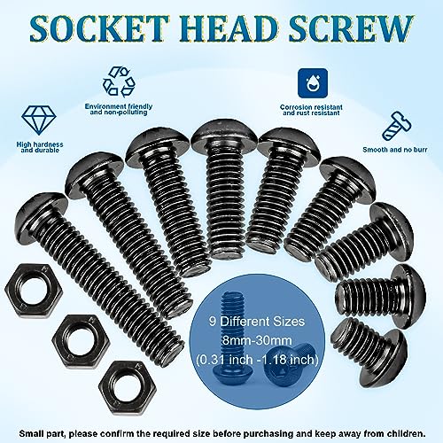 NINDEJIN M6 Button Head Socket Cap Bolts Screws, Metric M6 x 8/10/12/14/16/18/20/25/30mm Screws Bolts Nuts Assortment Kit, 146Pcs Allen Hex Drive, Black Oxide, 10.9 Carbon Steel, Fully Threaded - size: 146PCS M6 8mm-30mm