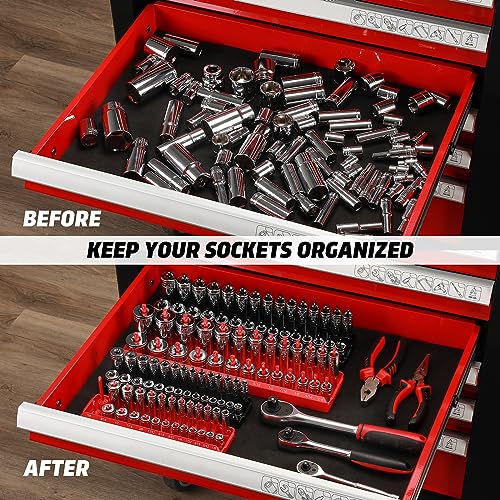 1/4-Inch & 3/8-Inch Drive Socket Organizer Trays, 4-Piece SAE and Metric Socket Tray Set, Deep and Standard Socket Holders Organizers for Toolbox, Black & Red - size: 1/4 & 3/8-Inch SAE and METRIC