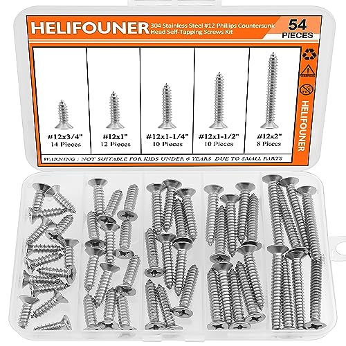 #12 x 3/4" 1" 1-1/4" 1-1/2" 2" Wood Screws Set, HELIFOUNER 54 Pieces Phillips Countersunk Head Self-Tapping Screws Assortment Kit, Phillips Flat Head Wood Screws, 304 Stainless Steel - size: #12