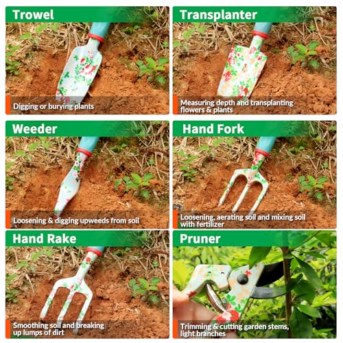 Garden Tools Set, JUMPHIGH 10 PCS Heavy Duty Gardening Tools Includes Hand Trowel Rake Weeder Pruner, Gardening Gifts for Women, Garden Kit with Tote Bag, Apron, Gloves, Kneeling Pad - color: Blue Green