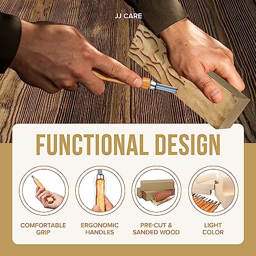 JJ CARE Wood Carving Kit, 24pcs Wood Whittling Kit with 12 SK2 Steel Carving Knives, 10 Basswood Blocks, 1 Grinding Stone & Storage Case, Gift Set for Beginners & Adults - size: Set A