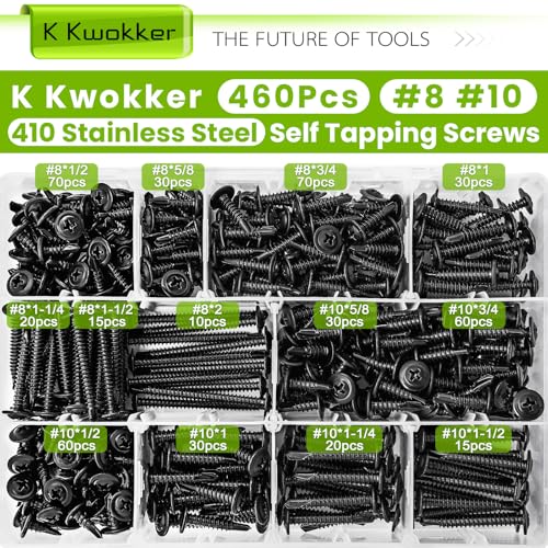 460Pcs #8#10 Black Self Tapping Screws for Metal, Wood, Steel, Aluminium Alloy, 1/2"-2", Truss Head Sheet Metal Screws 410 Stainless Steel Screws Assortment Kit, 13 Sizes Self-tapping Screws - size: Y. #8#10